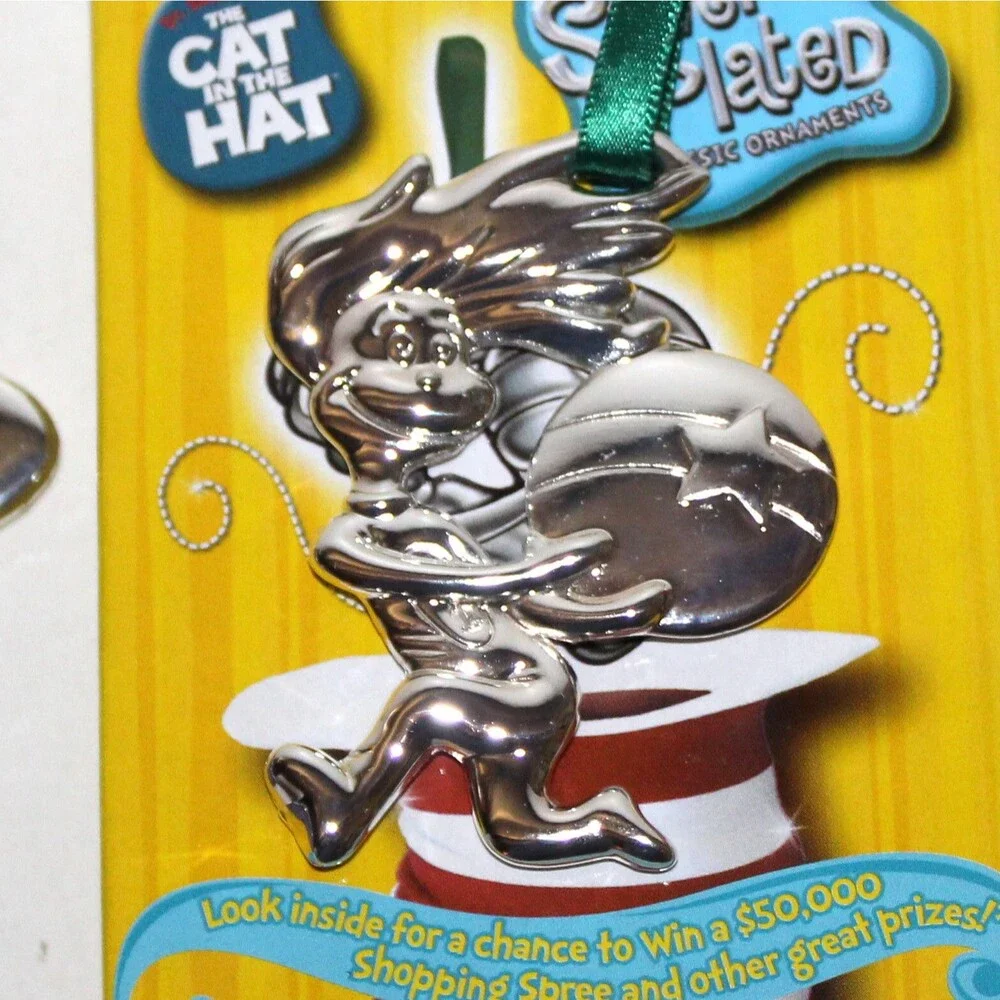 Lot of 3 Dr Seuss Cat In The Hat Christmas Ornaments Silver Plated Thing 1